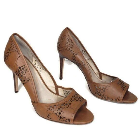 Louise Et Cie Gretel Brown cognac Leather laser Cutout Peep Toe Heels Size 10M - Picture 8 of 8